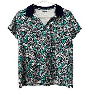 Lands' End Shirt Women Size M/P 10-12 Floral Short‎ Sleeve Polo Collar Classic